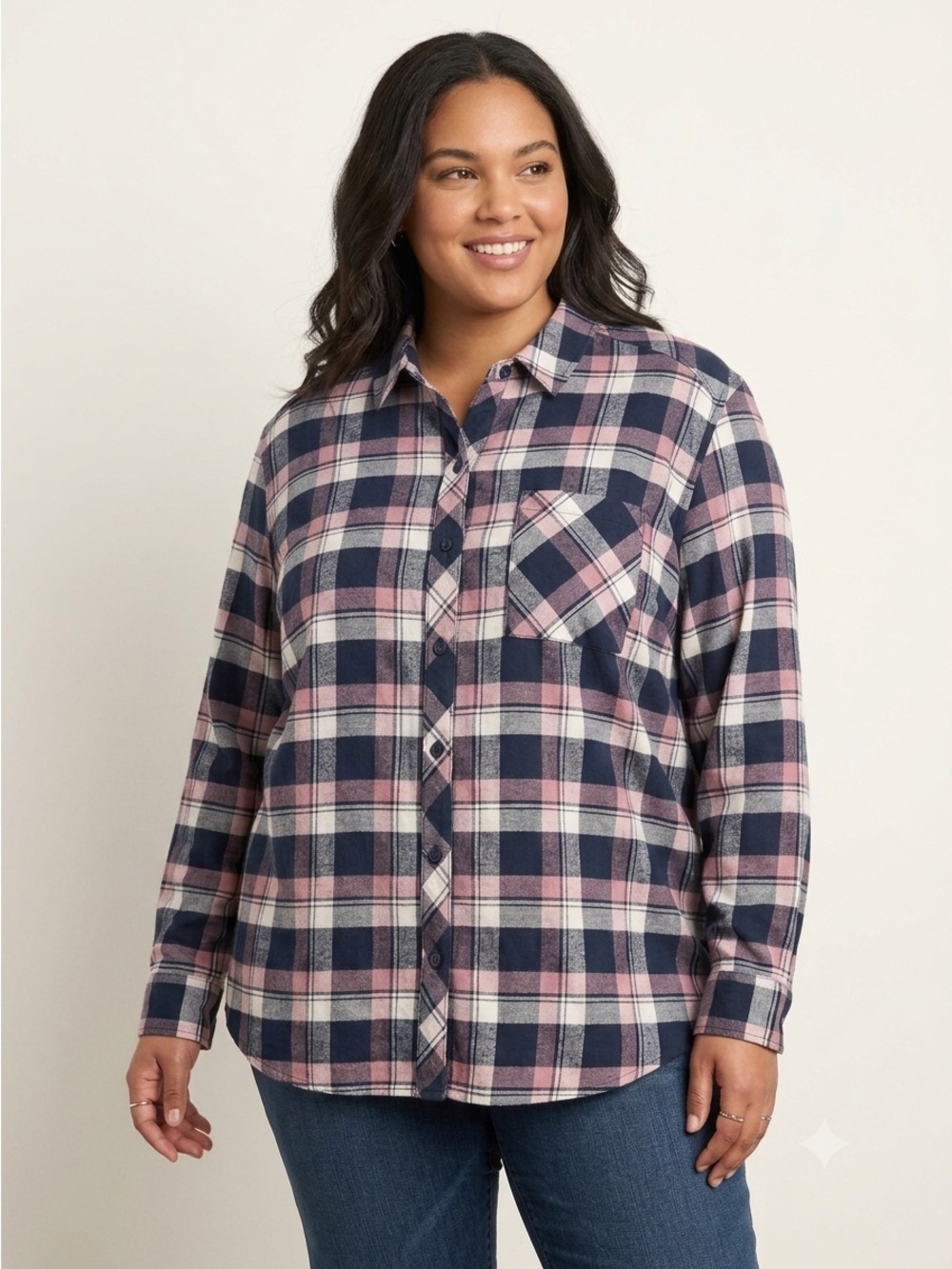 Orvis Women’s XXL Plaid Button Down Shirt Navy Pink Stretch Flannel